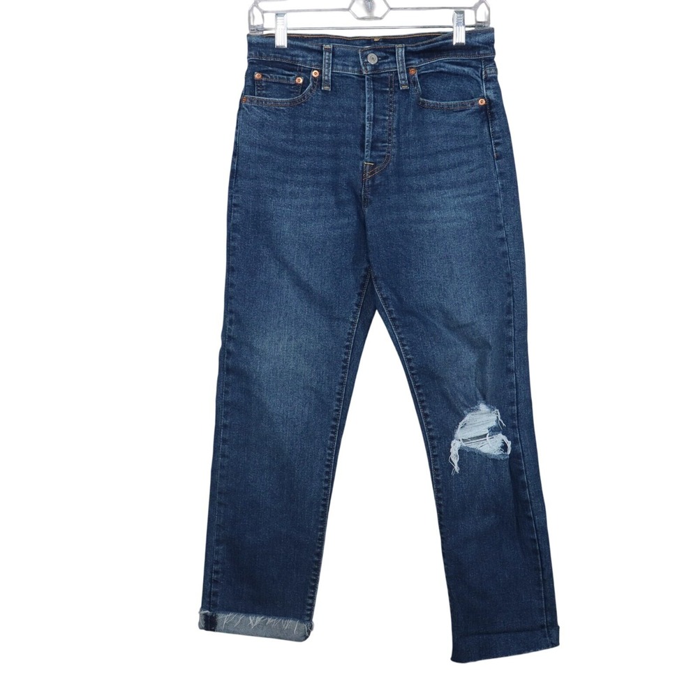 Levis Jeans Womens Size 28 Blue Button Fly Wedgie Straight Raw Hem Distressed